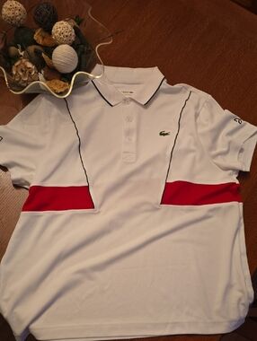 Lacoste White Polo with Red Side Panels and Navy Trim